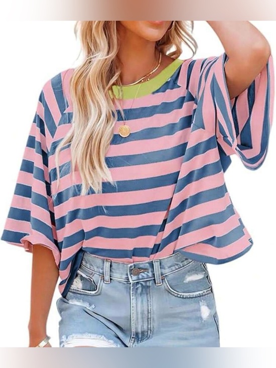 Tops - Striped Round neck Top in Pink & Blue with Lime Trim